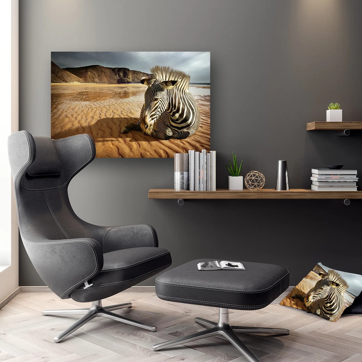 Dibond Gallery 90x60 - Beach Zebra - Fotokunst Wanddecoratie Horizontaal